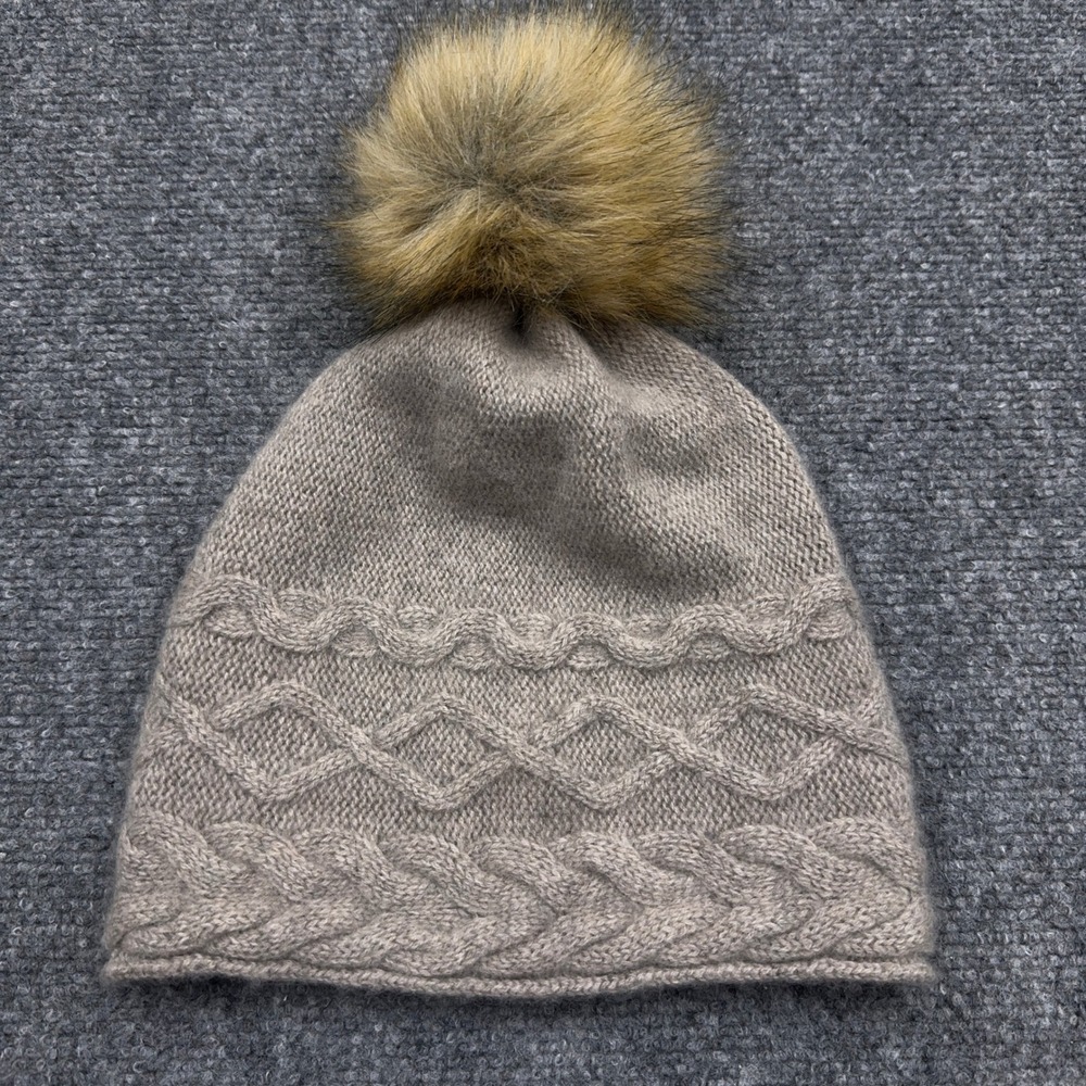 White Pine Beanie Women OS Taupe 100% Cashmere‎ Faux Fur Pom Pom Cable Knit Hat